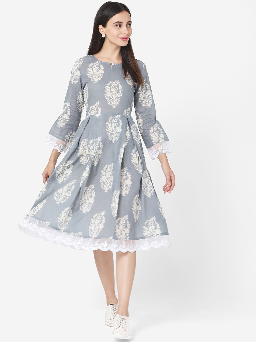 

KALINI Floral Printed Keyhole Neck Lace-Up Pure Cotton Fit and Flare Dress, Grey