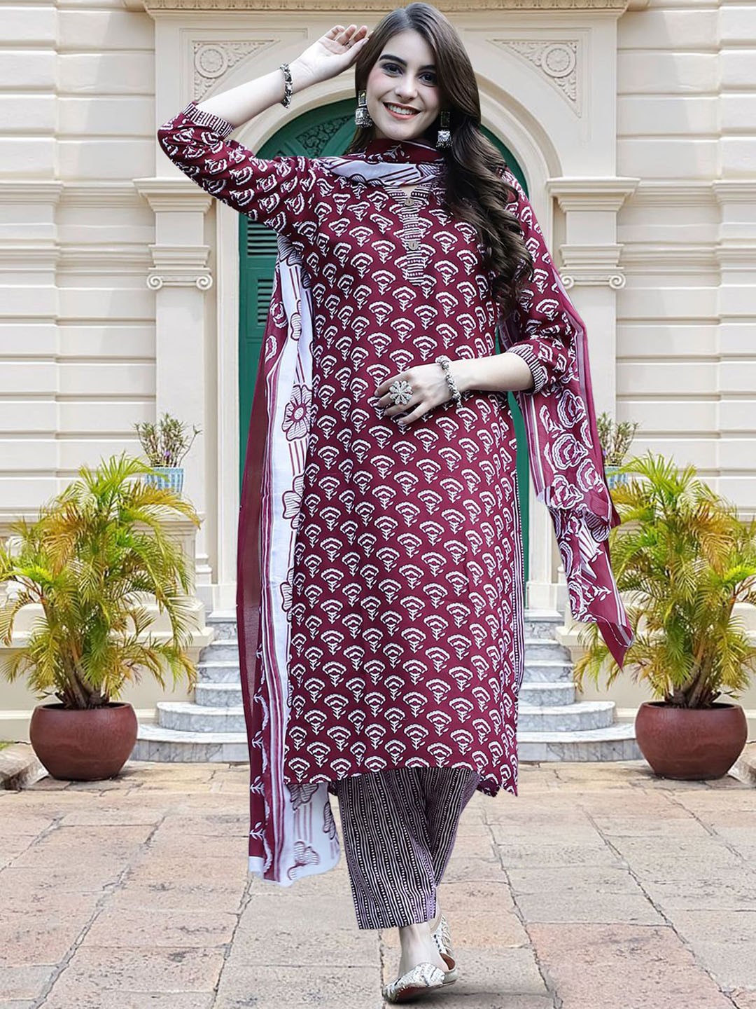 

Moda Rapido Floral Printed V-Neck Straight Kurta With Trousers & Dupatta, Maroon
