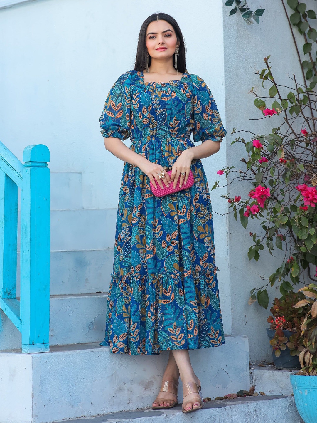 

Jash Creation Floral Print Puff Sleeve Fit & Flare Midi Dress, Blue