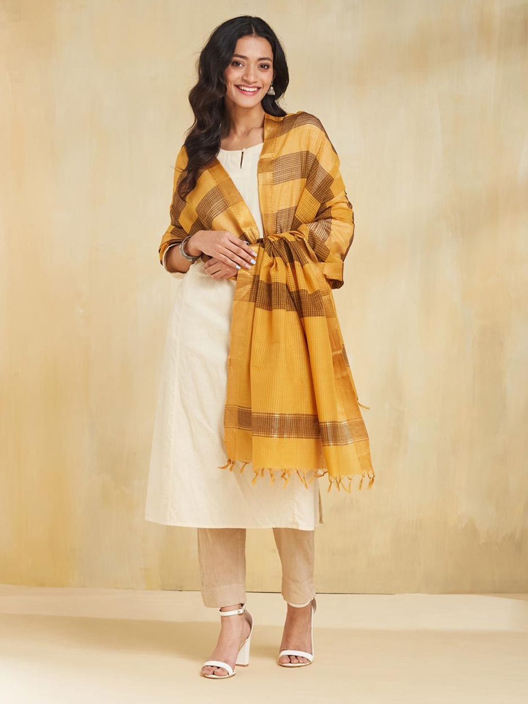

Fabindia Striped Woven Design Cotton Dupatta, Mustard