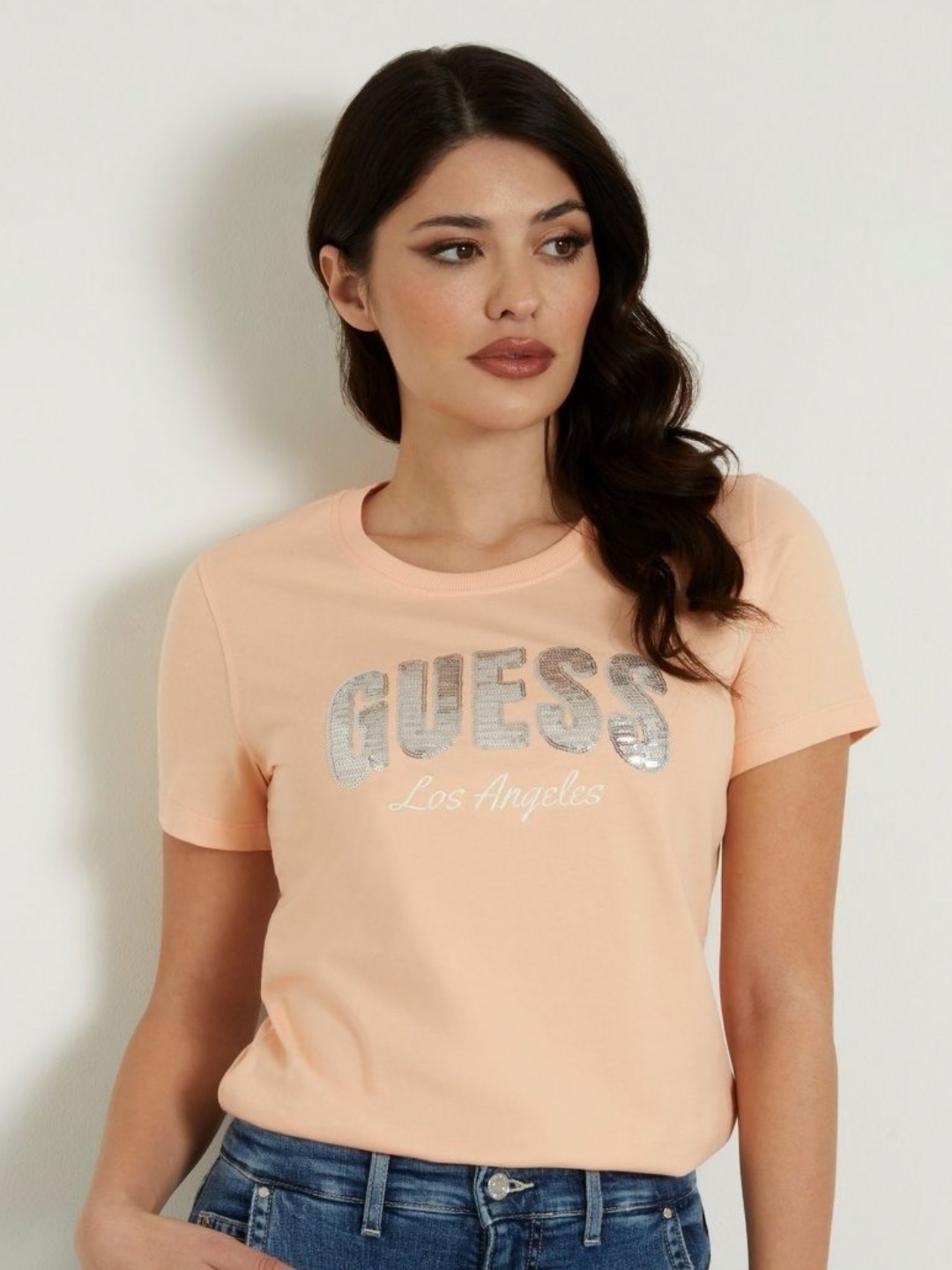 

GUESS Women Typography Printed Round Neck Cotton T-shirt, Peach