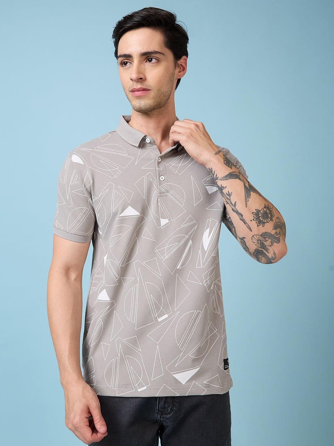 

Status Quo Men Geometric Printed Polo Collar Regular Fit T-shirt, Grey