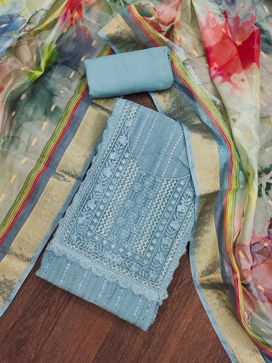 

SAINOOR Embroidered Pure Cotton Semi-Stitched Dress Material, Sea green