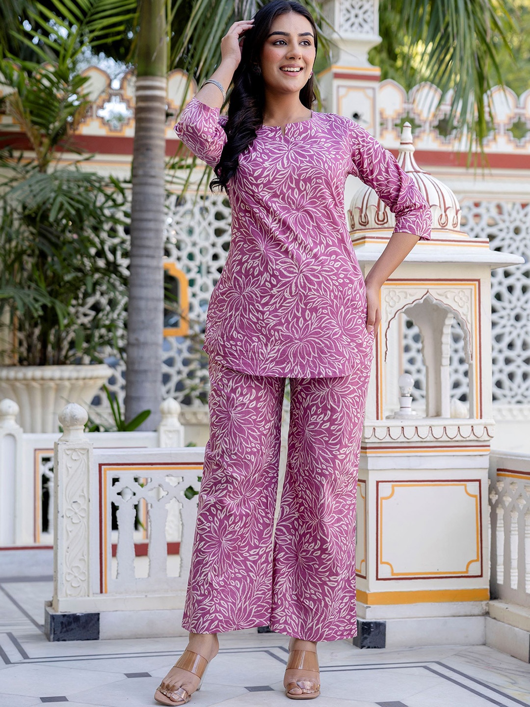 

RANGREAL Floral Printed Pure Cotton Notch Neck Tunic With Trousers, Purple