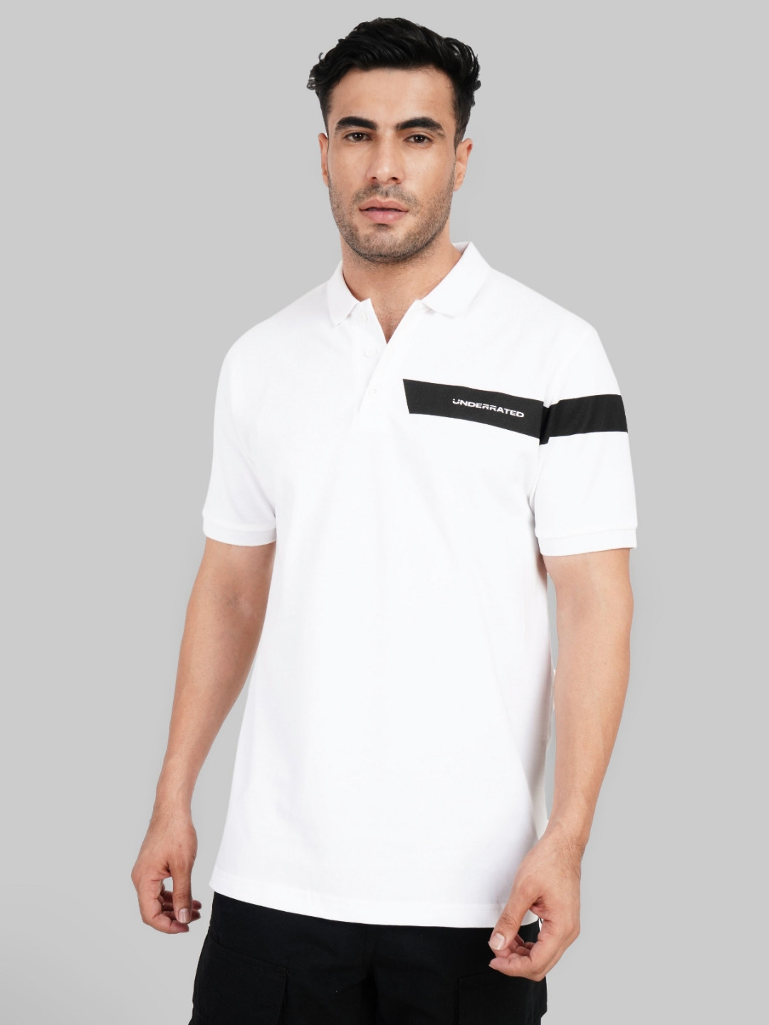 

Underrated Club Men Striped Polo Collar Cotton T-shirt, White