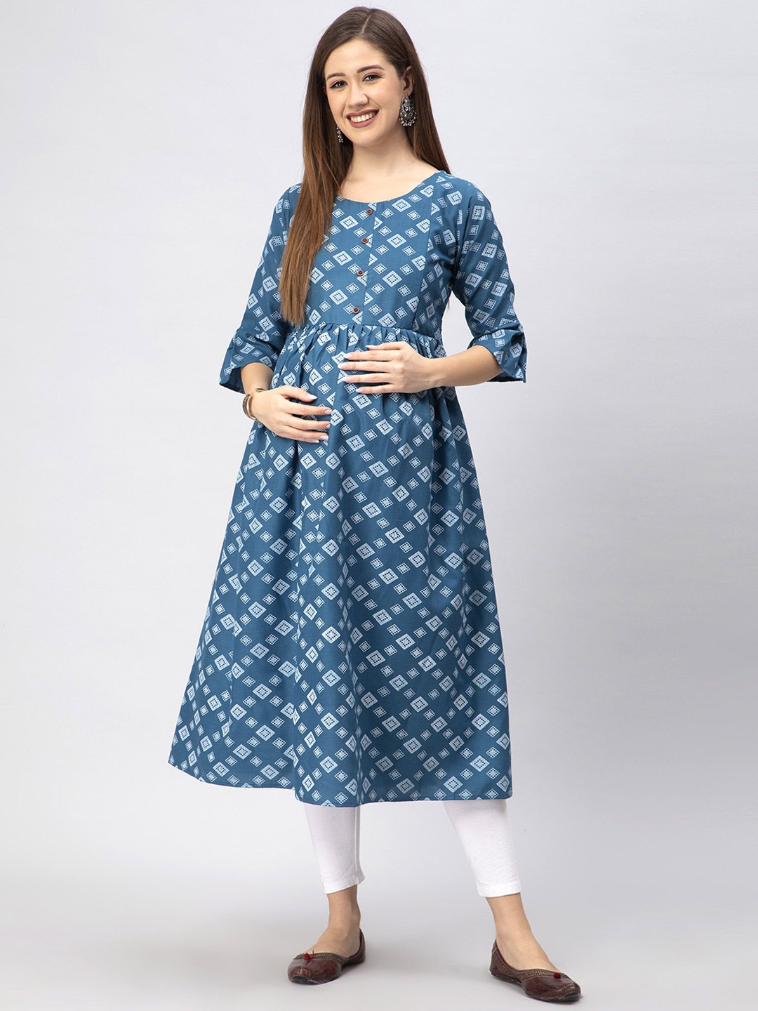 

CEE-18 Geometric Printed Flared Sleeves A-Line Kurta, Blue