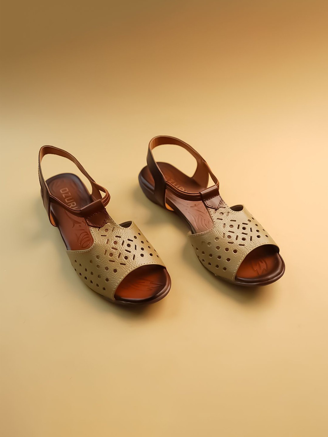 

Ozuri Women Textured Open Toe Flats with Laser Cuts, Beige