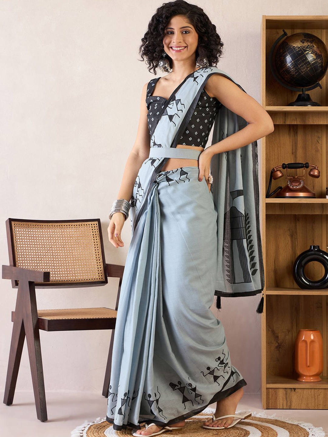 

Anouk Rustic Warli Ready to Wear Bagh Saree, Grey