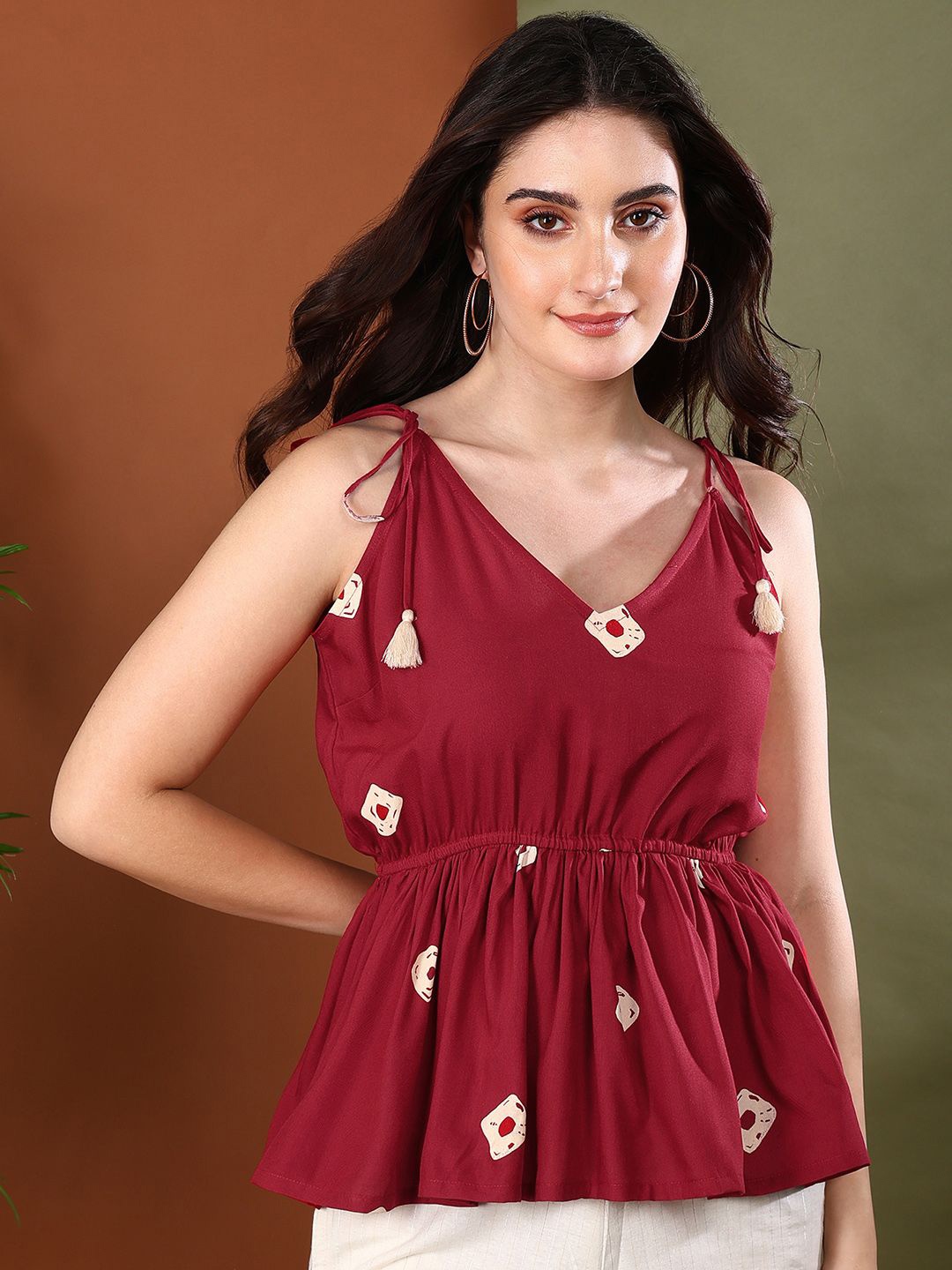 

Stylum Print Ethnic Peplum Crop Top, Maroon