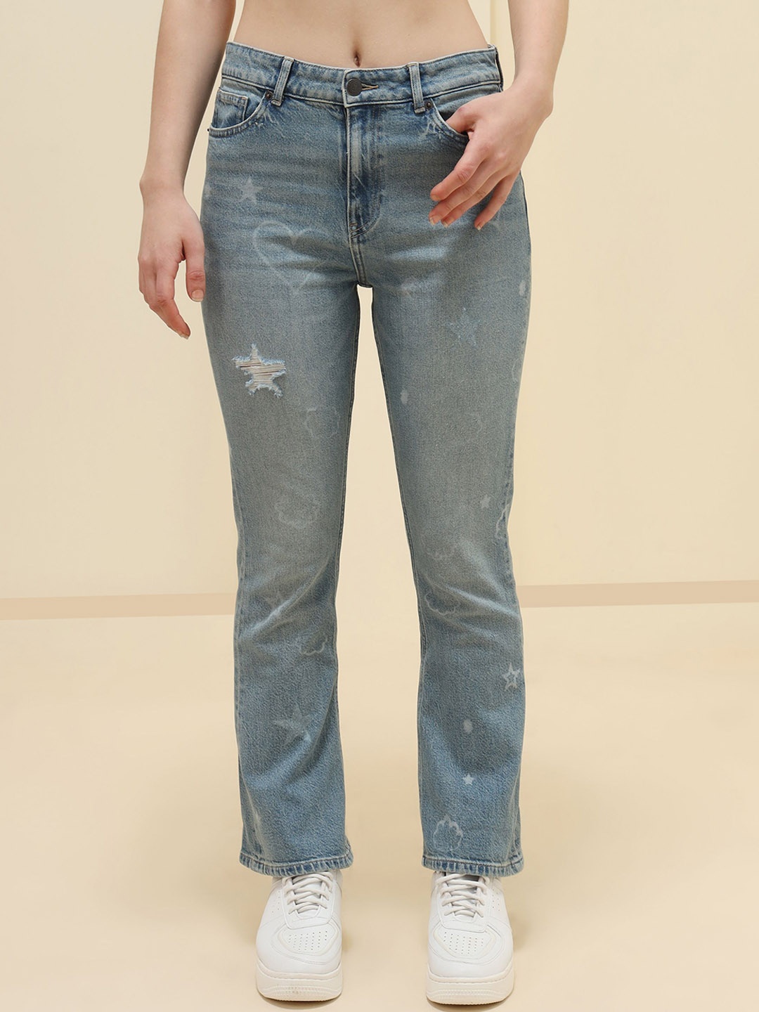 

XABIRI Women Bootcut Low Distress Heavy Fade Jeans, Blue