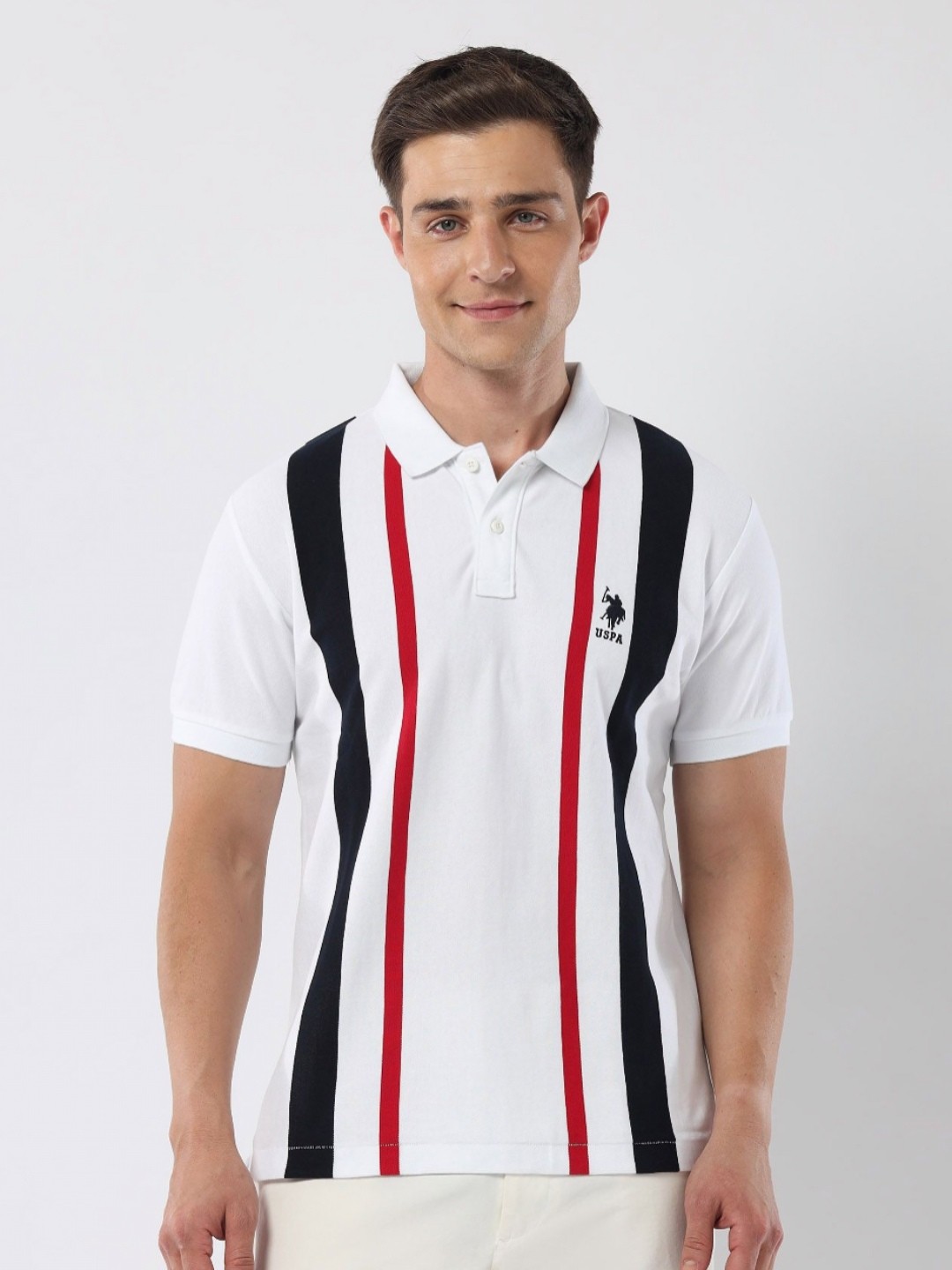 

U.S. Polo Assn. Men Striped Polo Collar Cotton Slim Fit T-shirt, White