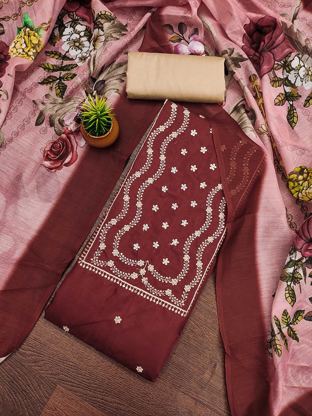 

MANVAA Embellished Unstitched Dress Material, Maroon