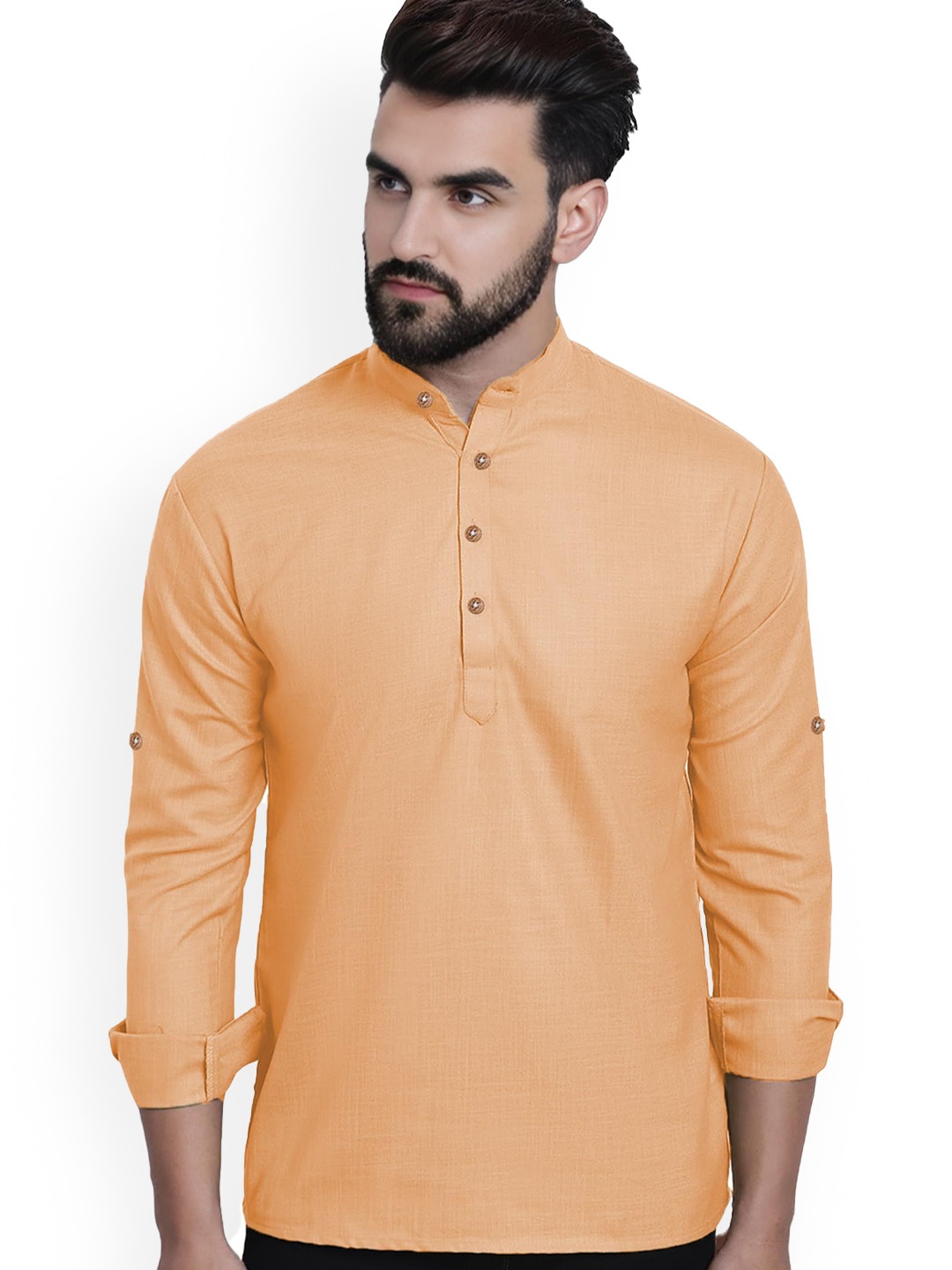 

univibe Band Collar Cotton Slim Fit Straight Short Kurta, Orange
