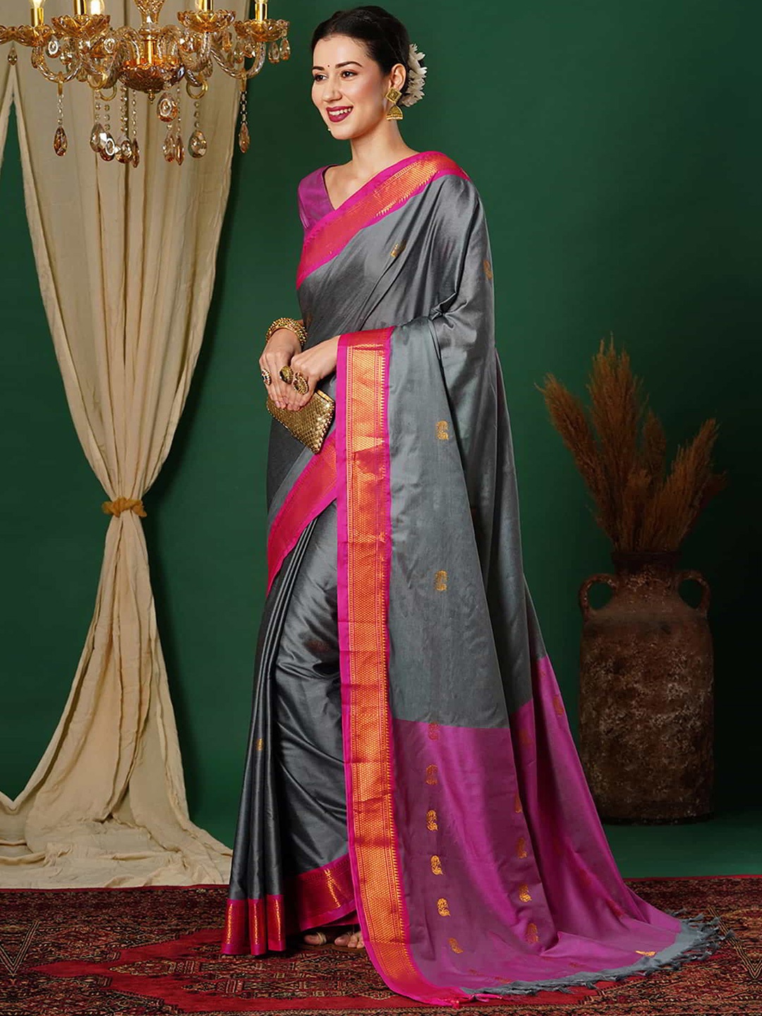 

SILKWEAR Ethnic Motifs Zari Silk Cotton Banarasi Saree, Grey
