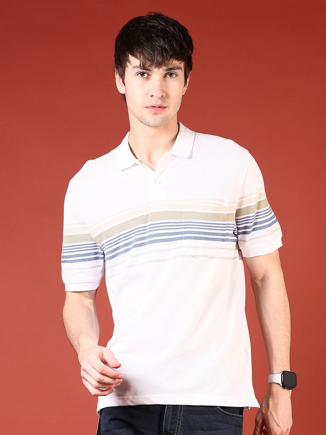 

V-Mart Men Striped Polo Collar Extended Sleeves Pockets T-shirt, White