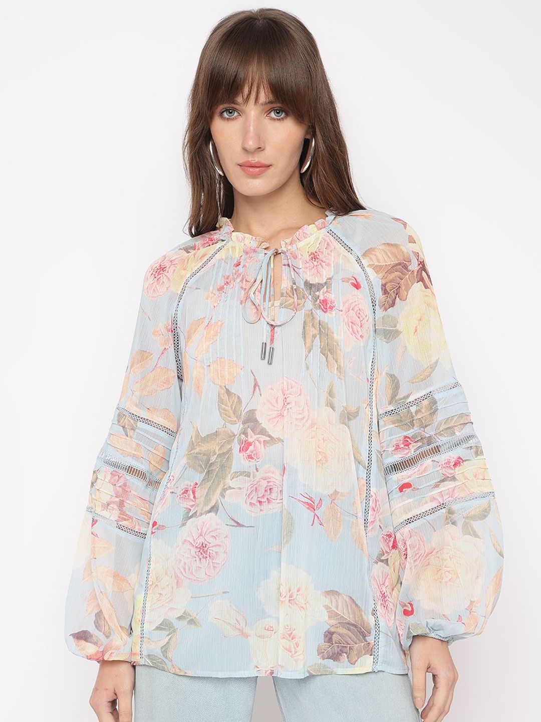 

GUESS Floral Print Tie-Up Neck Bishop Sleeves Top, Multi