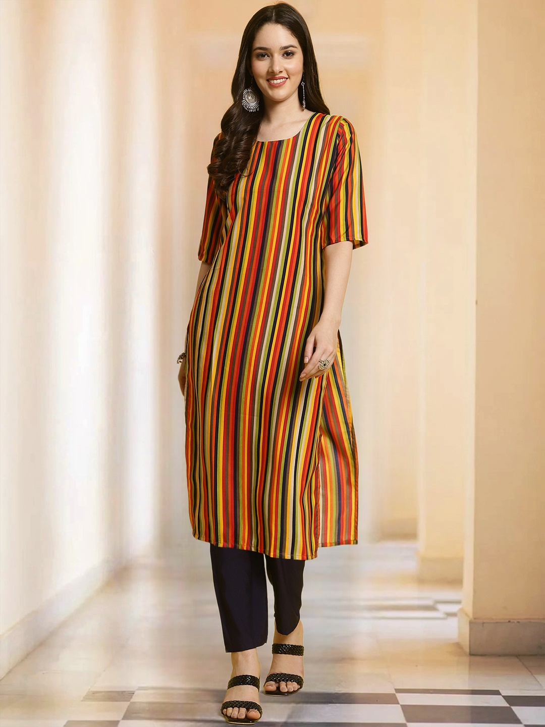 

Moda Rapido Striped Straight Kurta with Trouser, Yellow