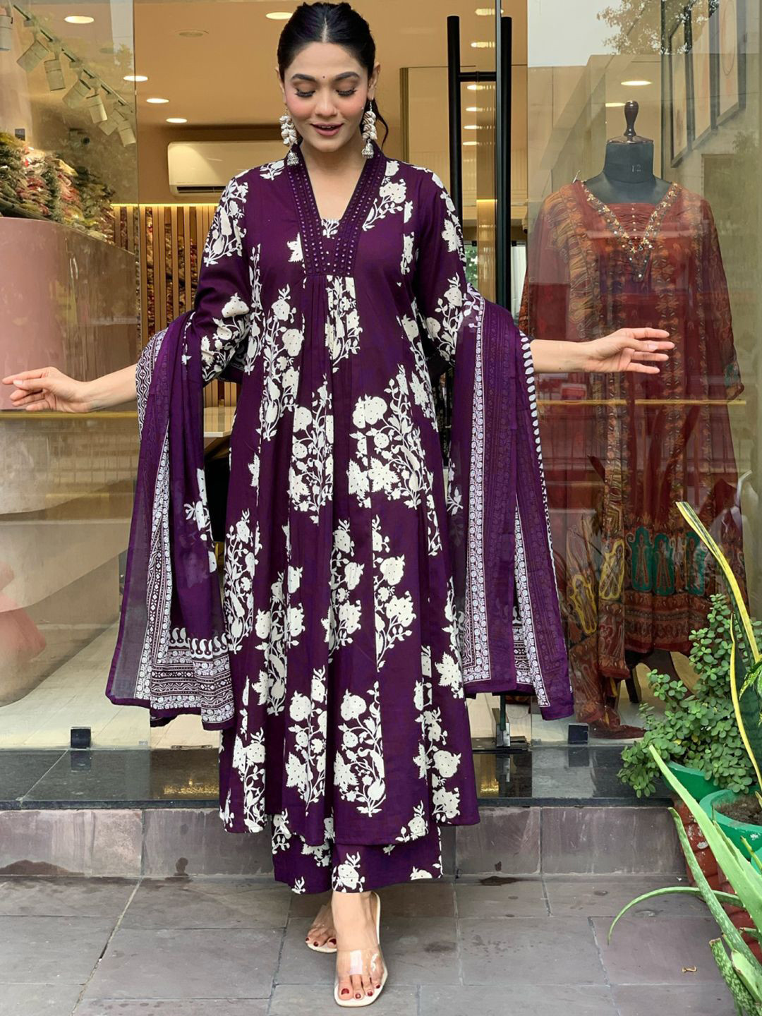 

KERI PERRY Floral Printed Mirror Work Cotton A-Line Kurta with Trousers & Dupatta, Purple