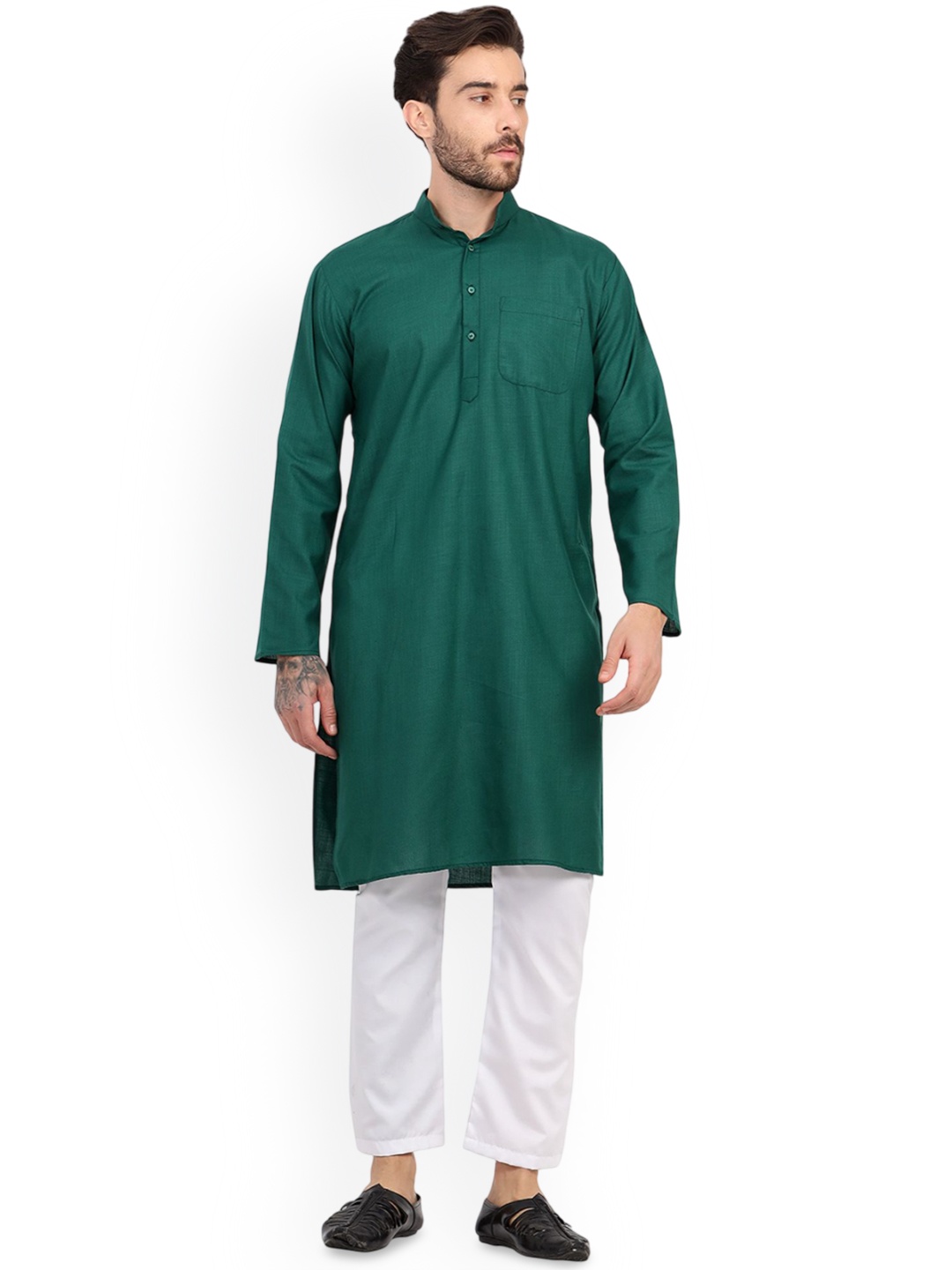 

Sadree Band Collar Straight Kurta With Pyjama, Green