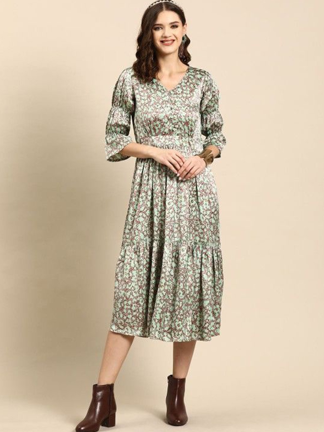 

all about you Animal Print Bell Sleeve Satin Fit & Flare Midi Dress, Green