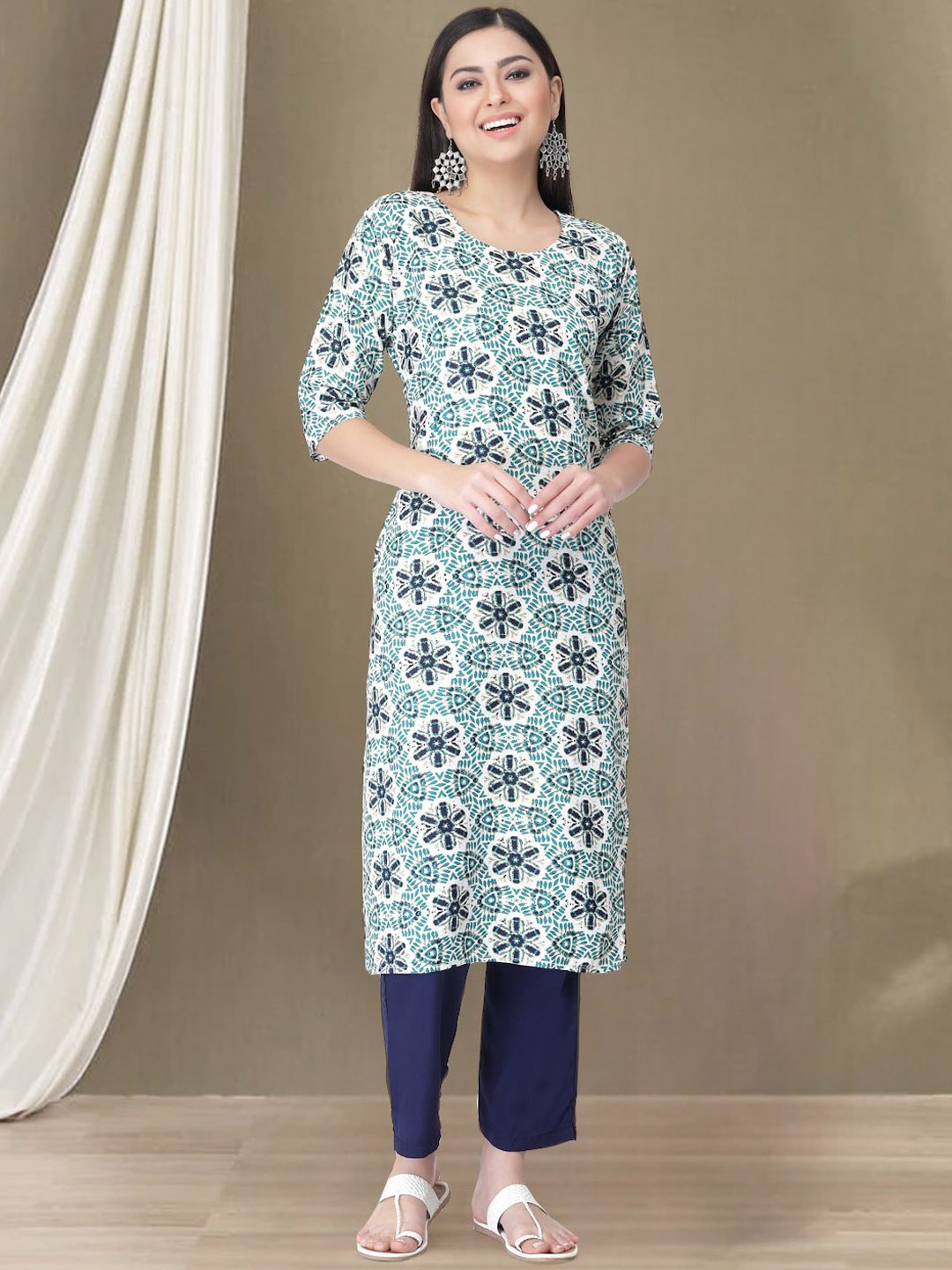 

Moda Rapido Blue & White Floral Printed Regular Kurta with Trousers