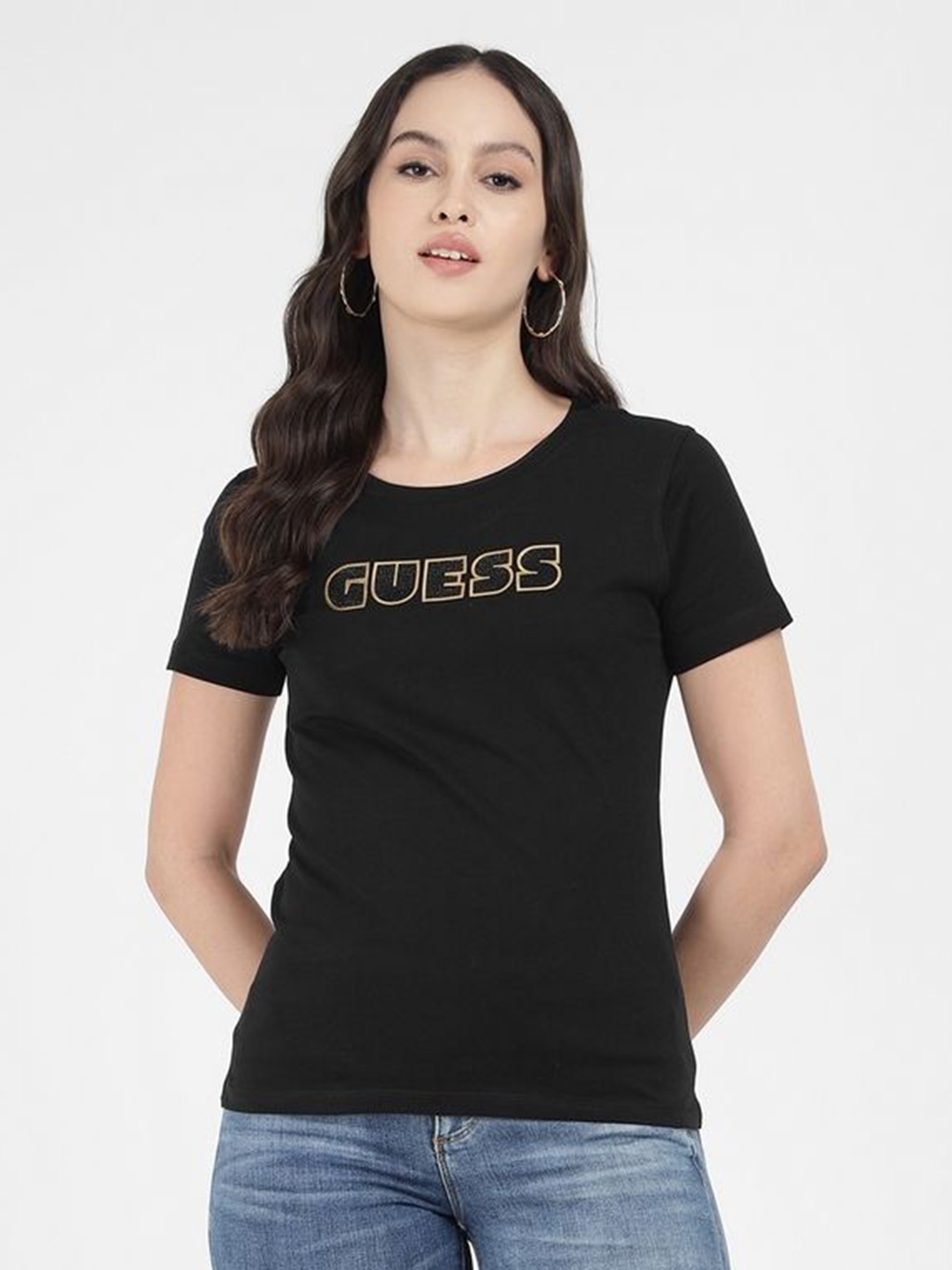 

GUESS Women Typography Printed Round Neck Cotton T-shirt, Black