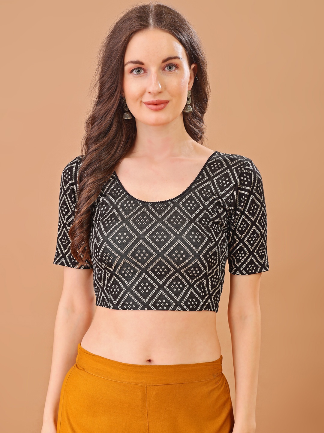 

BAPS Women Printed Round Neck Stretchable Saree Blouse, Black
