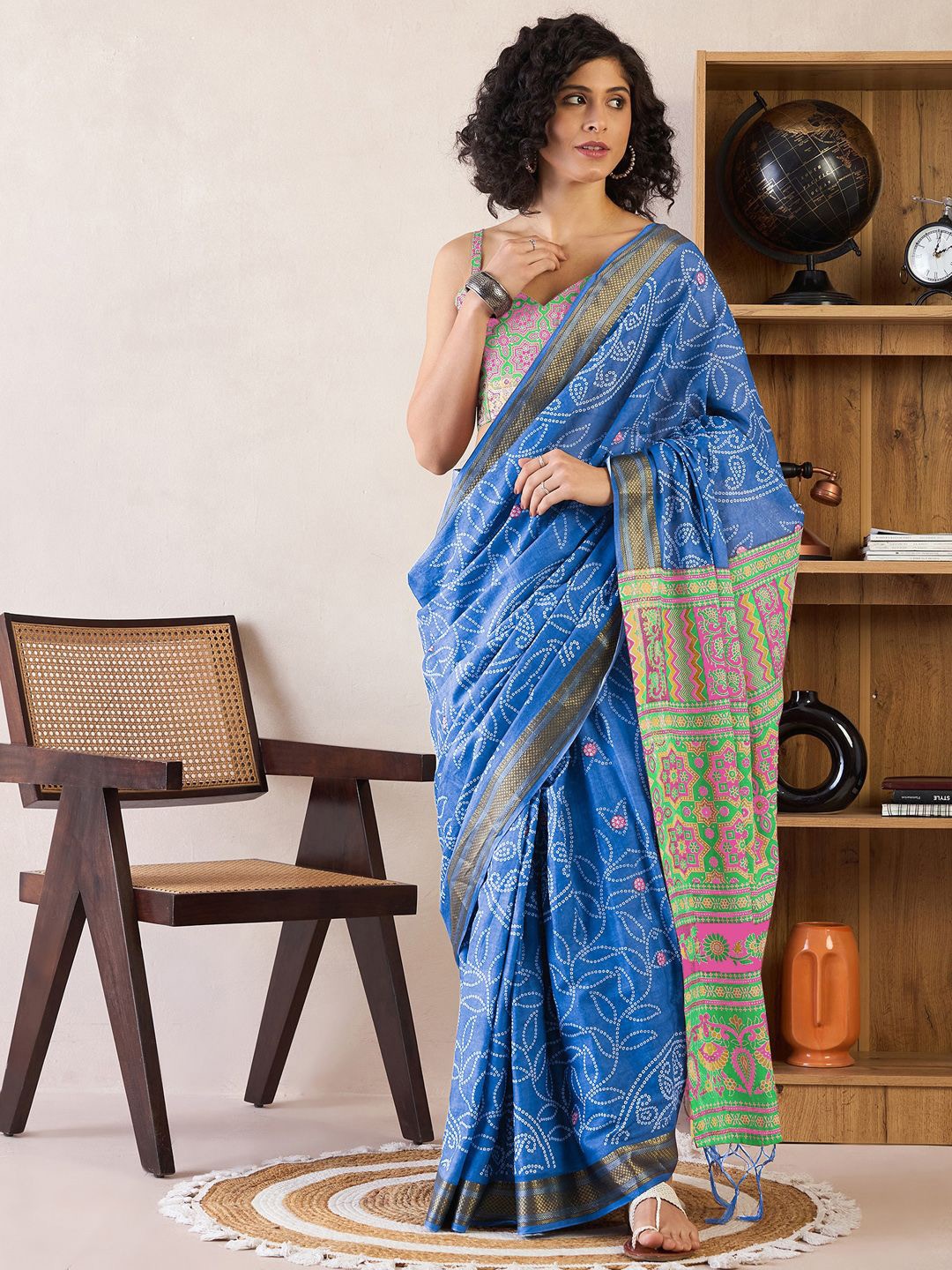 

Anouk Rustic Bandhani Ready to Wear Bagru Saree, Blue