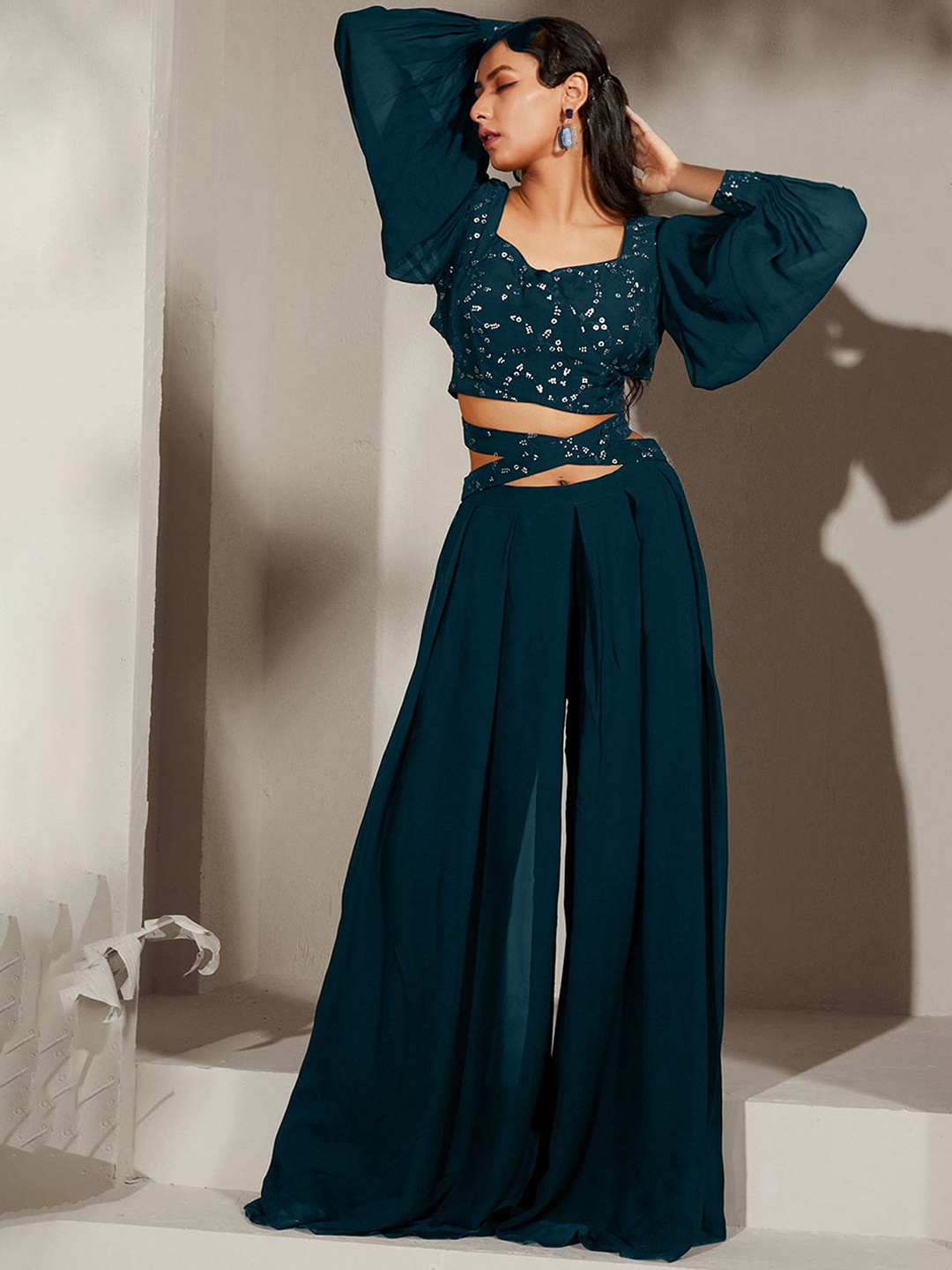

SANCIA Embroidered Top with Palazzo Co-Ords, Teal