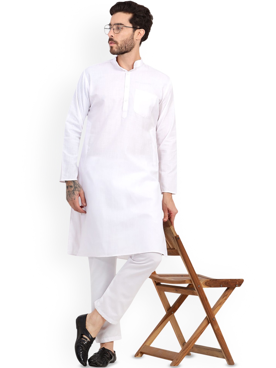 

Sadree Band Collar Long Sleeves Straight Kurta With Trouser, White