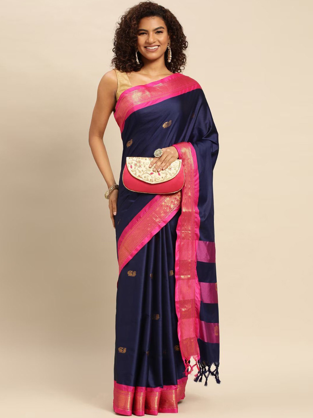 

SILKWEAR Ethnic Motifs Sequinned Silk Cotton Designer Kanjeevaram Saree, Navy blue