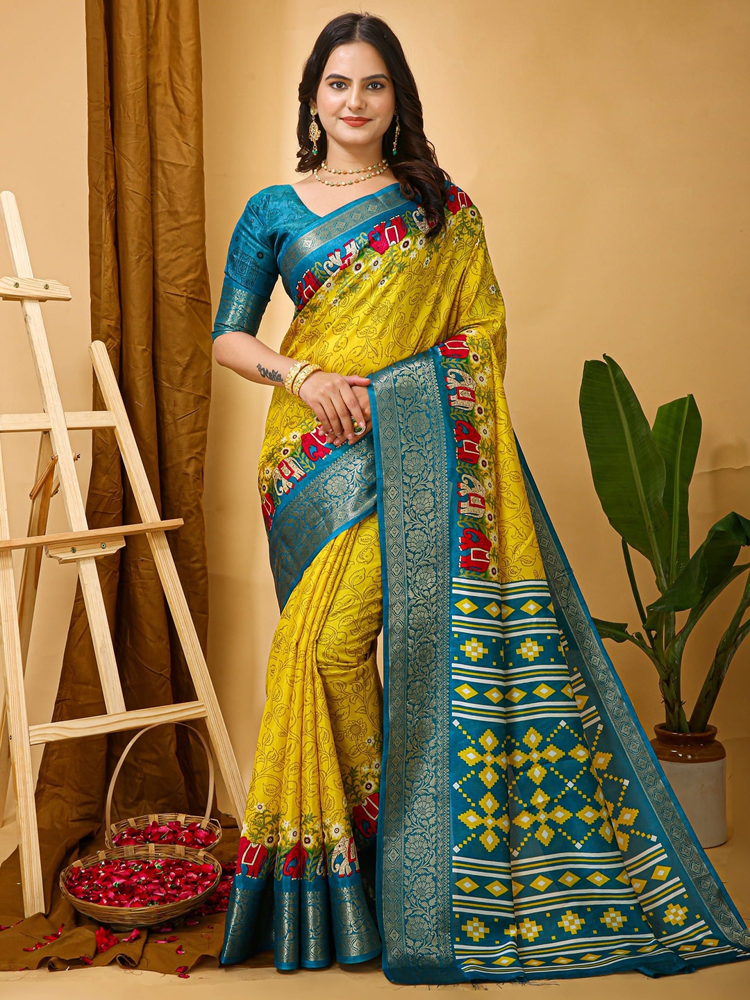 

V3 FASHION STUDIO Ethnic Motifs Zari Art Silk Saree, Yellow