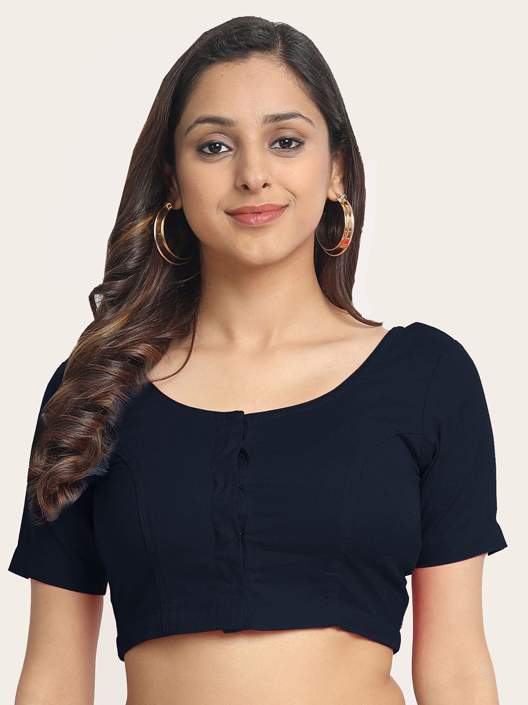 

Molcha Embroidered Cotton Round Neck Saree Blouse, Navy blue