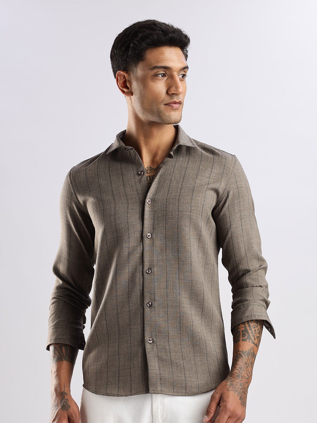 

THE BEETEL HOUSE Men Air Like Linen Stripes Regular Slim Fit Casual Shirt, Brown