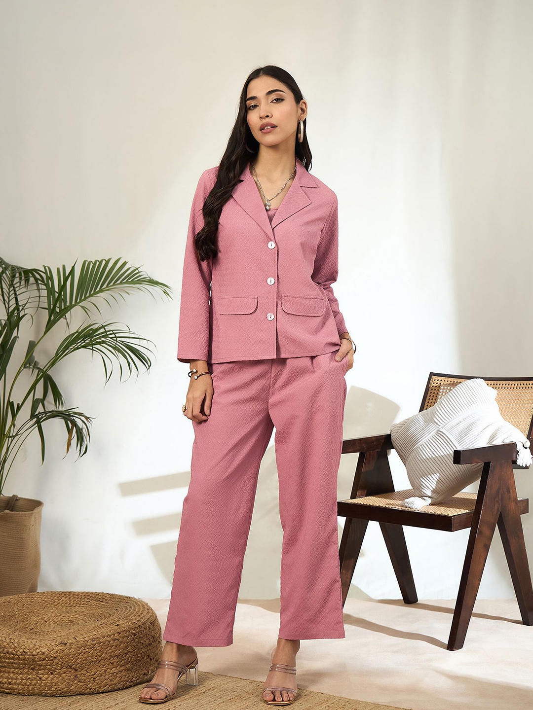 

Bandia Self Design Notched Lapel Collar Blazer With Top & Trouser, Peach