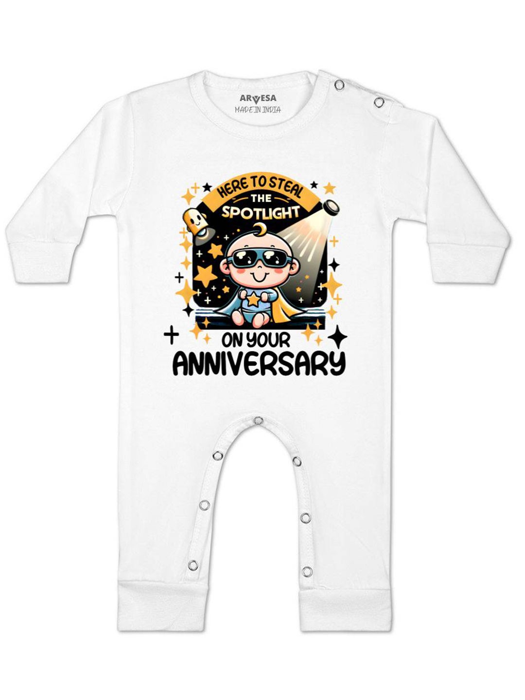 

Arvesa Kids First Anniversary With Mom And Dad Printed Baby Romper, White