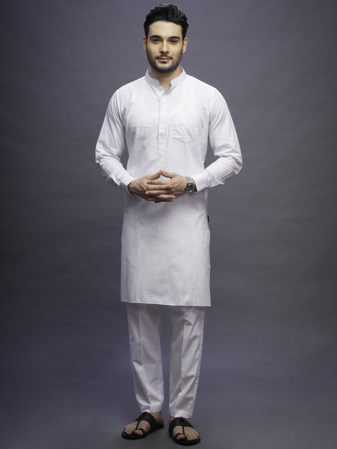 

MASHROO Mandarin Collar Cotton Straight Kurta, White