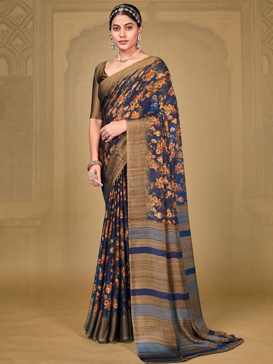 

Mitera Floral Poly Chiffon Saree, Navy blue