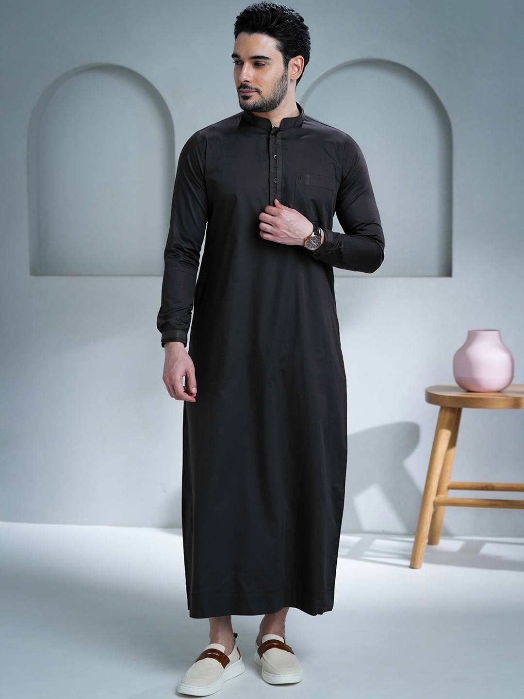 

MASHROO Band Collar A-Line Kurta, Brown