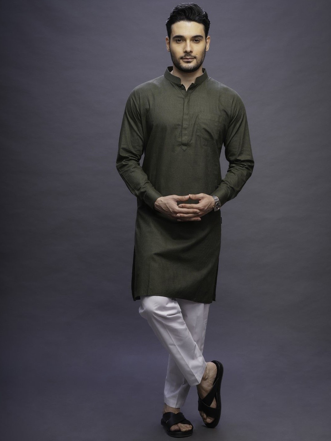 

MASHROO Mandarin Collar Cotton Straight Kurta, Green