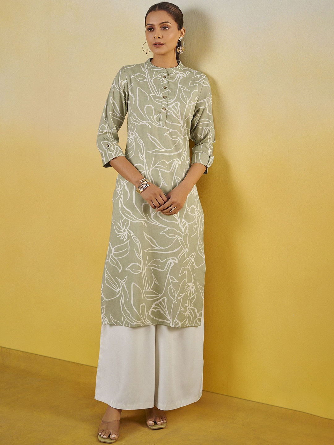 

Anouk Abstract Printed Mandarin Collar Chanderi Silk Straight Kurta, Green