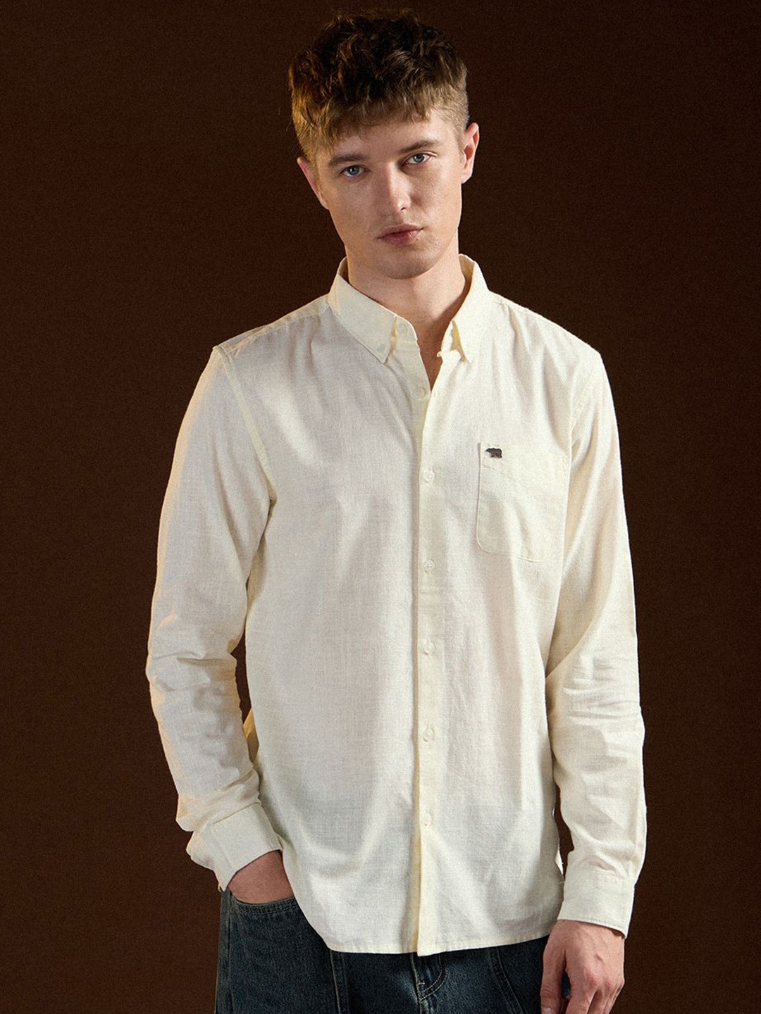 

THE BEAR HOUSE Men Slim Fit Opaque Casual Shirt, Cream