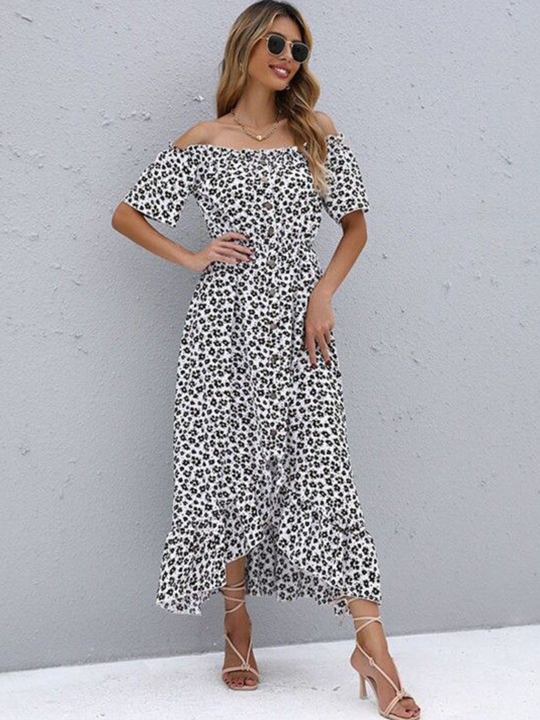 

HERE&NOW Floral Print Off-Shoulder Fit & Flare Midi Dress, White