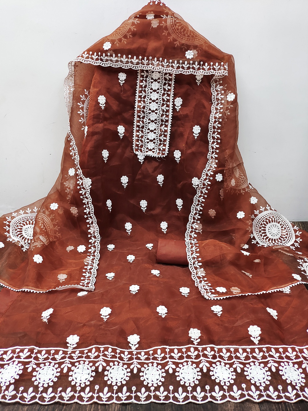 

SAINOOR Floral Embroidered Organza Semi-Stitched Dress Material, Rust