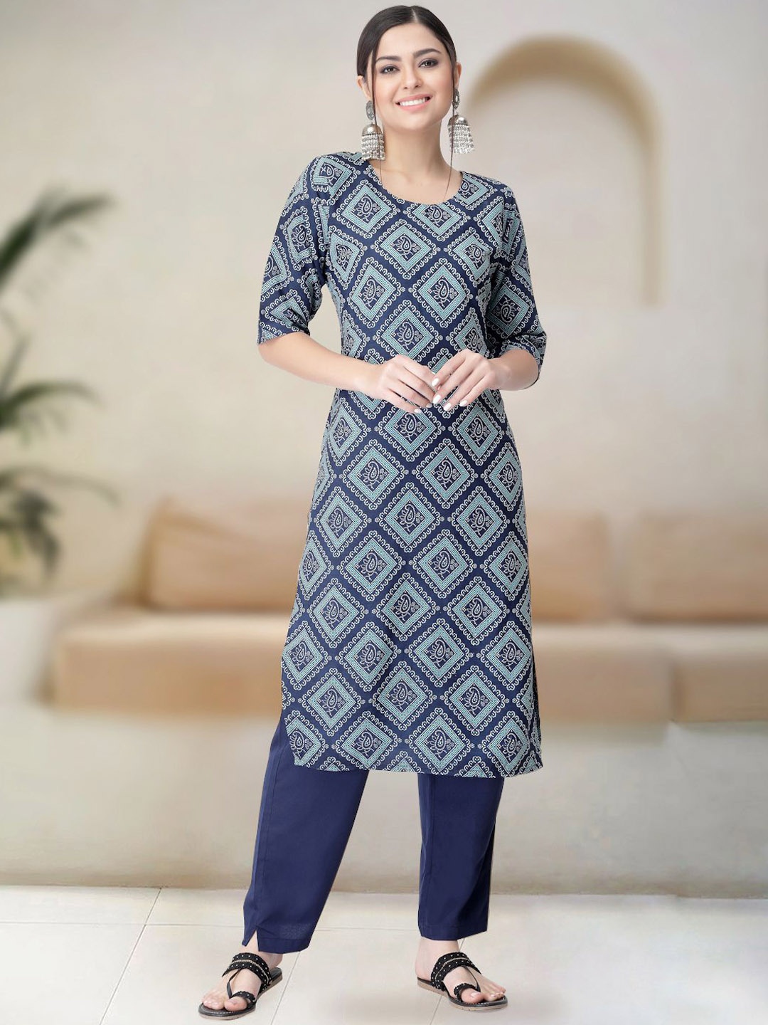 

Moda Rapido Bandhani Printed Round Neck Straight Kurta With Trousers, Blue