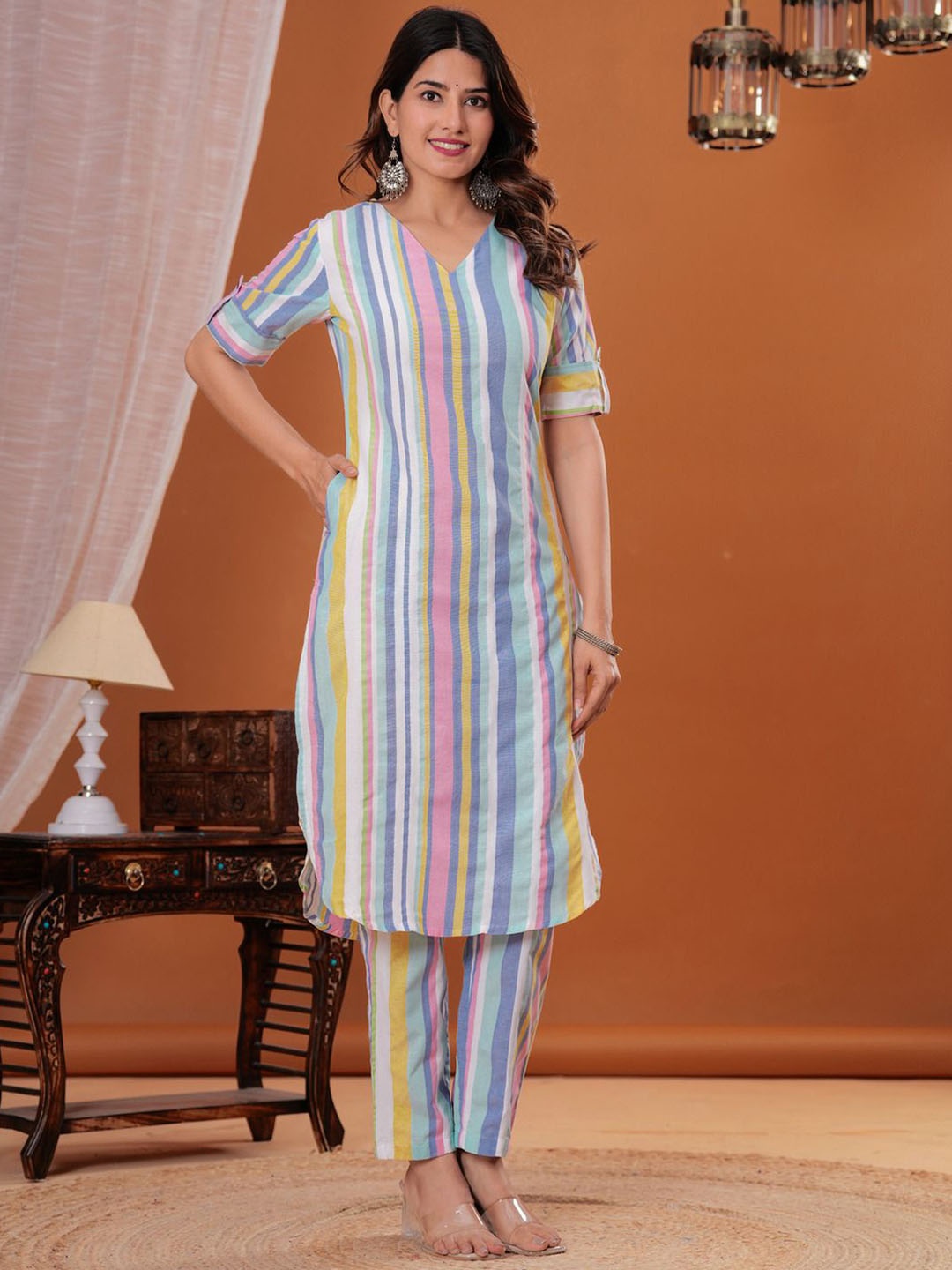 

Sarai Women Striped Regular Pure Cotton Kurta with Trousers, Blue
