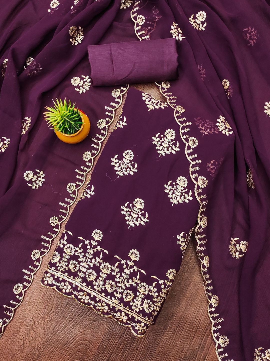 

Rangtulika Floral Embroidered Sequinned Unstitched Dress Material, Purple