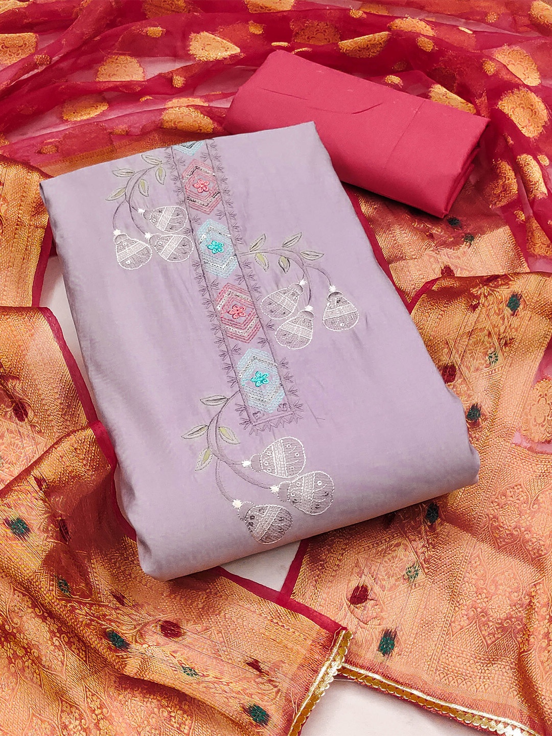 

SAINOOR Embroidered Pure Silk Semi-Stitched Dress Material, Lavender