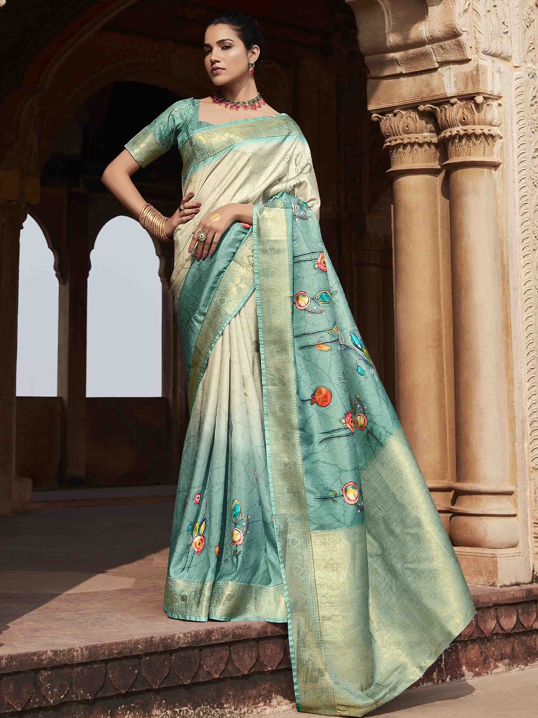 

KIMISHA Floral Zari Silk Blend Handloom Saree, Turquoise blue