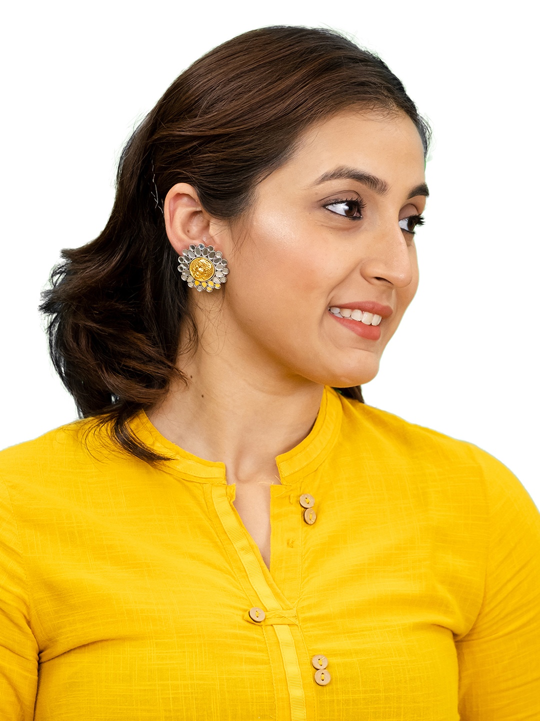 

Shining Jewel - By Shivansh Silver-Plated Mirror Studded Floral Studs